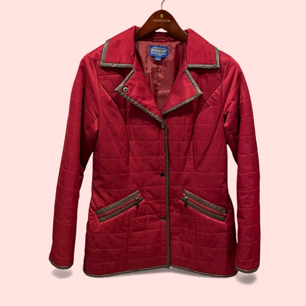 Cute Pendleton cranberry quilted faux leather trim jacket pockets snaps lined